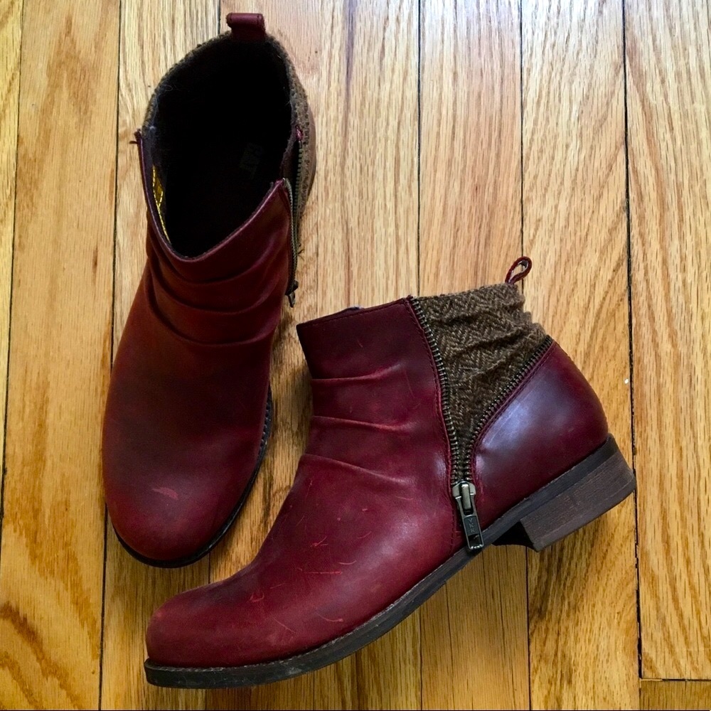 Burgundy and tweed ankle boots